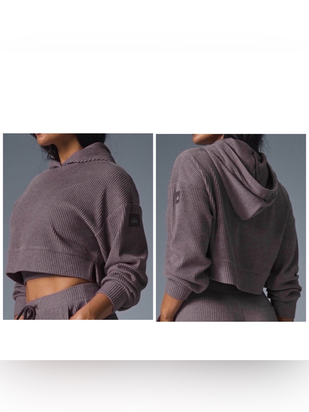 ALO Muse Ribbed Cropped Hoodie Raisinette heather Size M